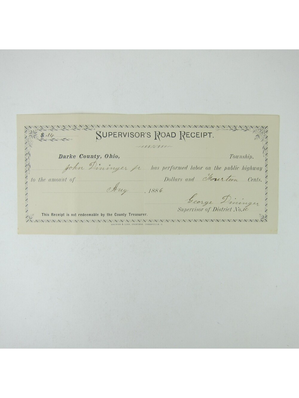 Darke County Ohio Supervisors Road Receipt Highway Work Dininger Antique 1886